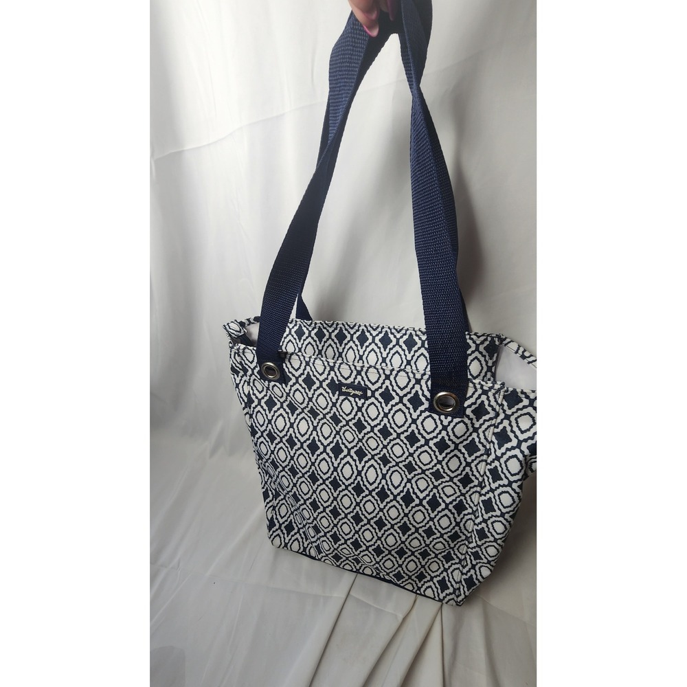 Thirty-One Zip-Top Utility Tote Navy Blue White Geometric Diamond Ikat Bag EUC